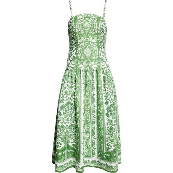 FARM Rio Dresses & Skirts - FARM Rio Women's Green White Floral Delicate Tapestry Midi Dress Size Large NWOT